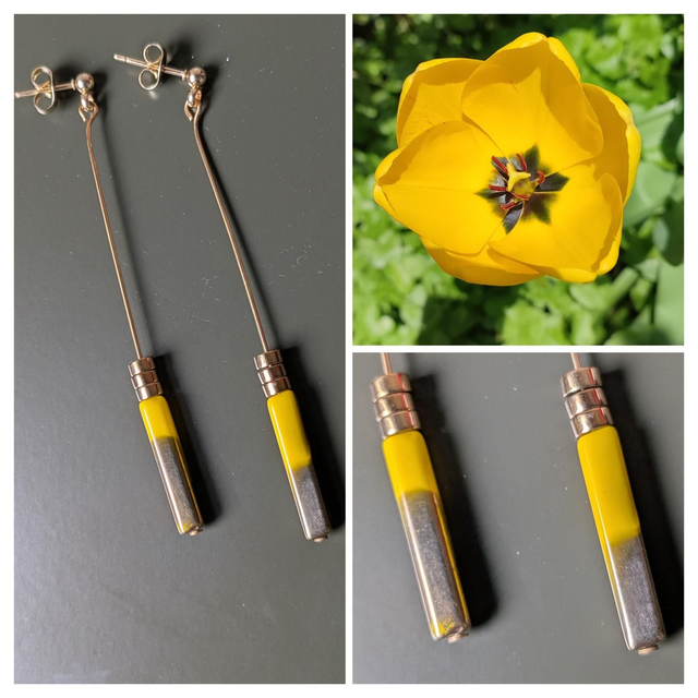 Boucles d'oreilles céramique jaune et or, acier inoxydable doré -sans nickel pièce unique 