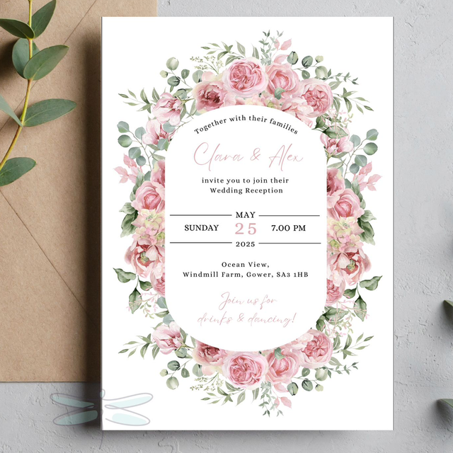 Clara design A6 evening invitations - pink roses, greenery and eucalyptus design