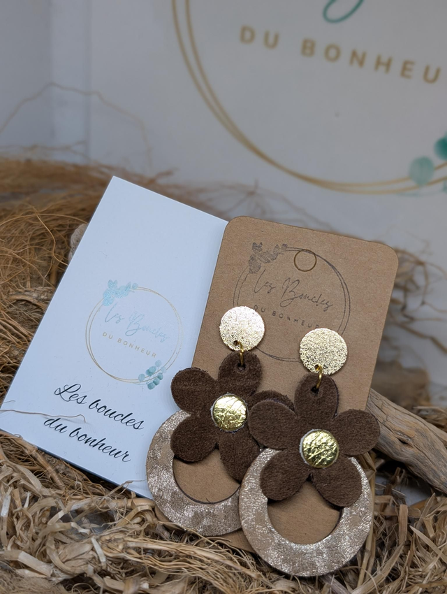 Boucles d&#039;oreilles Baby Marguerite nubuck chocolat beige nc048