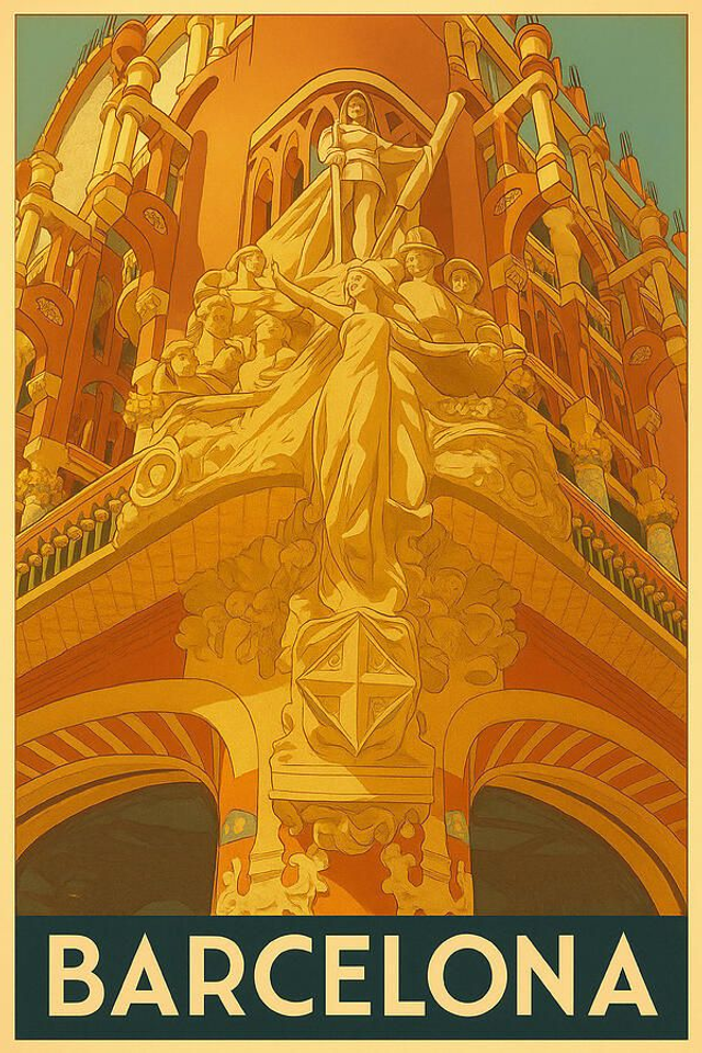 Obra maestra del modernismo de Barcelona Palau de la Música Catalana Fachada Vintage Póster