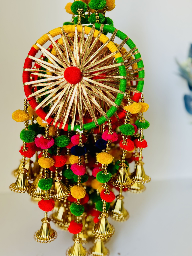 Colorful Ring Gota Pom Wall Hangings with Golden Bells pair 