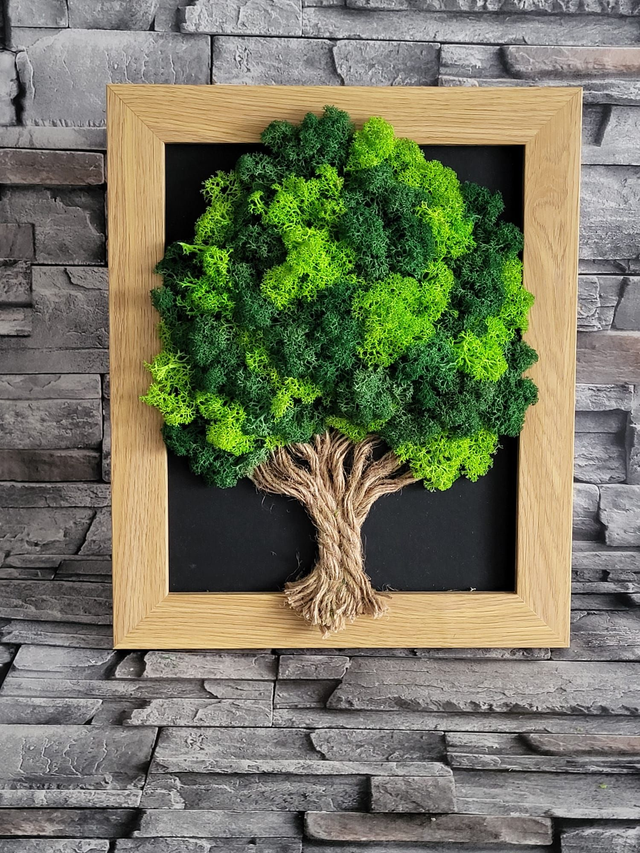 Green Moss Tree / Light Wood Frame /