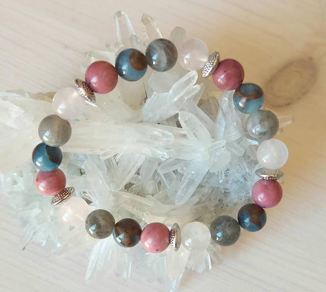 Labradorite, Rhodonite, Quartz Rose &amp; Jaspe bleu doré