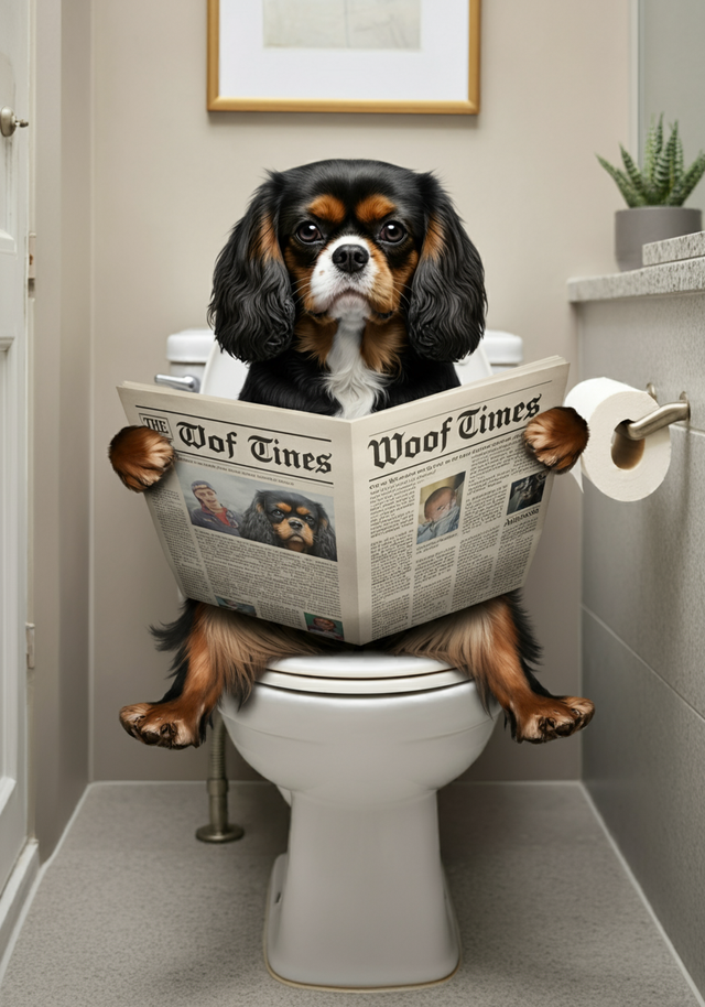 King Charles Cavalier on the Toilet Framed Canvas