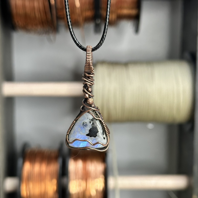 Rainbow moonstone wrapped in pure copper pendant 