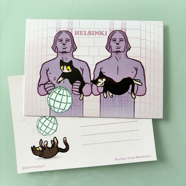 Helsinki Train Station guys and their cat postcard