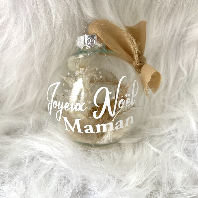 Boule de Noël fleurie personnalisée tons Naturels Ecriture blanche