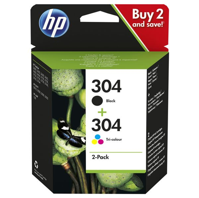HP 304 2 Pack Tri-colour Black Original Ink Cartridge 3JB05AE