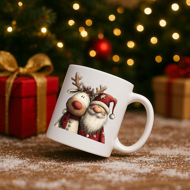 Vintage Santa &amp; Reindeer 11oz Ceramic Printed Mug Design 2