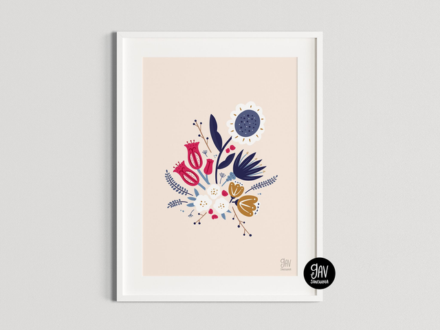 Blue and red flowers, wall art print