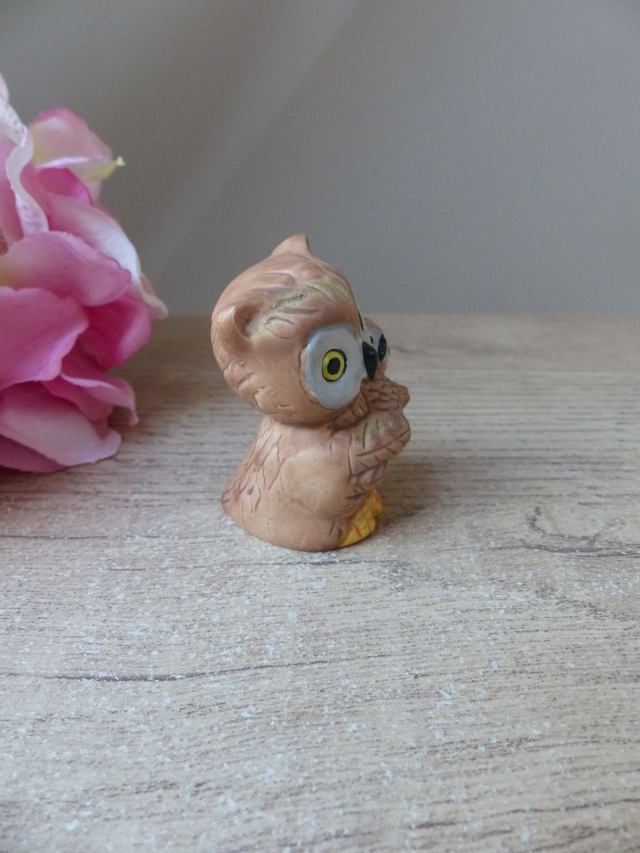Figurine vintage chouette hibou avec bébé en céramique – Statuette famille hibou tendre fabriquée à Taïwan – cadeau naissance ou fête