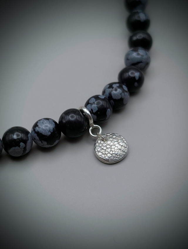 Pet Nose Print Bracelet, 6mm Snowflake Obsidian with Sterling Silver Charm