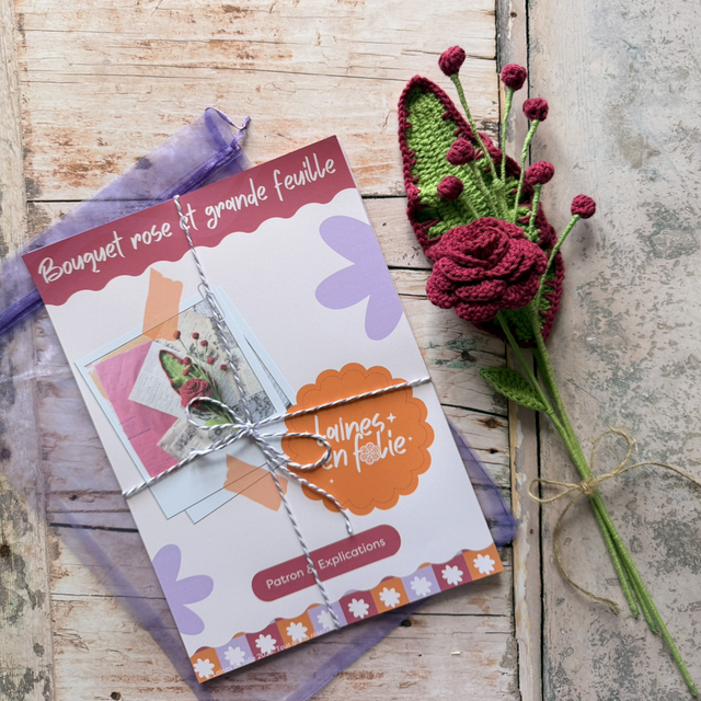 Kit bouquet personnalisable – rose et grande feuille au crochet