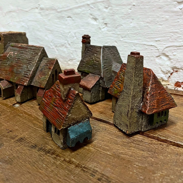 Early Handcrafted Wooden Village – Naively Scratch-Made With Original Painted Finish