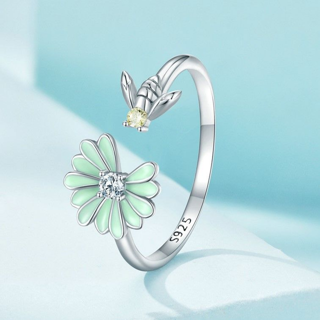 Ring met bij en bloem 925 zilver, verstelbaar 