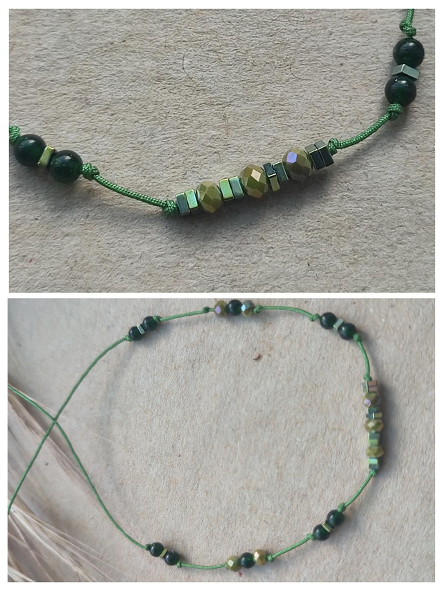 Bracelet agate verte, hématite verte ( pierres naturelles)et perles en verre, réglable et résistant, pièce unique 