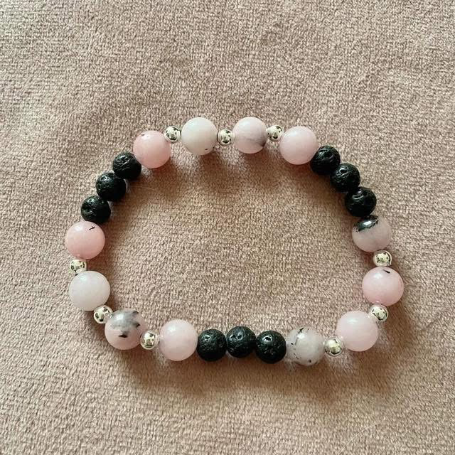 Cherry Blossom Jasper &amp; Black Lava Rock 7” bracelet 