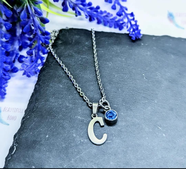 Stainless Steel Personalised Necklace with Letter &amp; Crystal Charm.