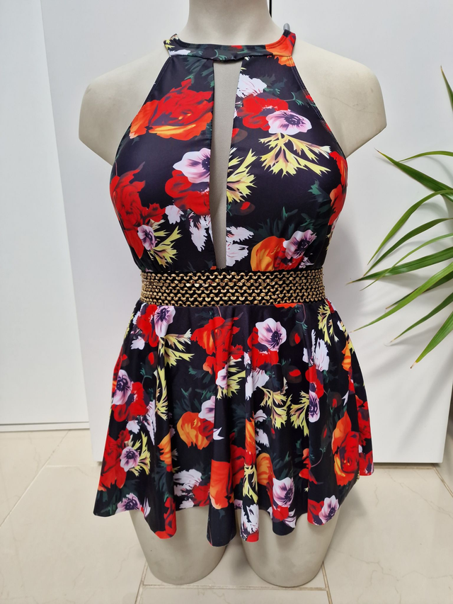 Maillot De Bain Robe Une Piece Noire Imprimé Fleurs Sequins Taille XL