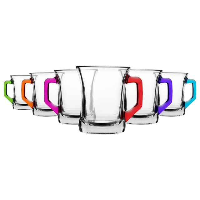 LAV 6x Multicolour Handle 225ml Zen+ Glass Coffee Mugs - Tea Latte Cappuccino Hot Chocolate Drink Drinking Glasses Cups Set