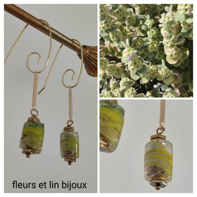 Z-Boucles d&#039;oreilles en verre de Murano strié de jaune &amp;vert sans nickel 