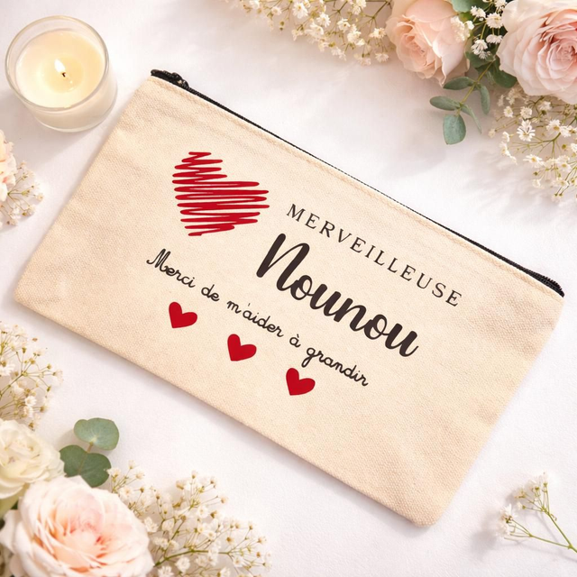 Trousse “Merci Nounou de m’aider à grandir” – Cadeau Fin d’Année • Cœurs Rouges • Idée Cadeau Assistante Maternelle