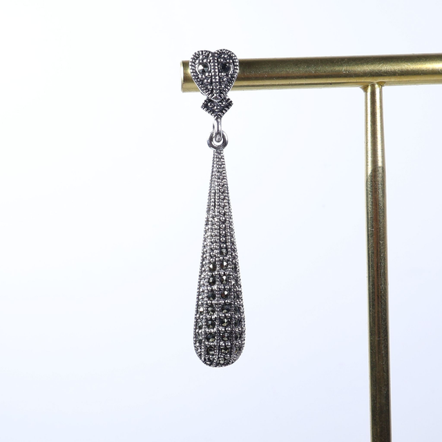 Elegant Pair of Sterling Silver 925 Art Deco Style Marcasite Gemstone Long Heart Teardrop Design Drop Dangle Earrings.
