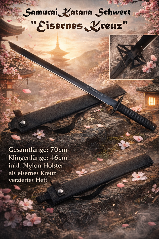 NEU Samurai Katana Schwert eisernes Kreuz schwarz 70cm groß für Cosplay Sammler Merch Deko