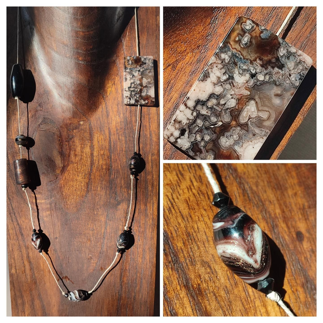 Sautoir agate rectangle , perles en verre mordorées &quot;Murano&quot;monté sur fil de lin réglable, pièce unique 