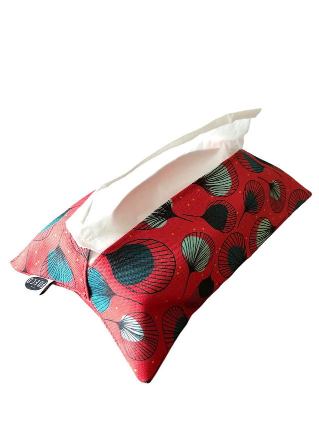 Pochette mouchoirs - PLUMES  vertes fond rouge