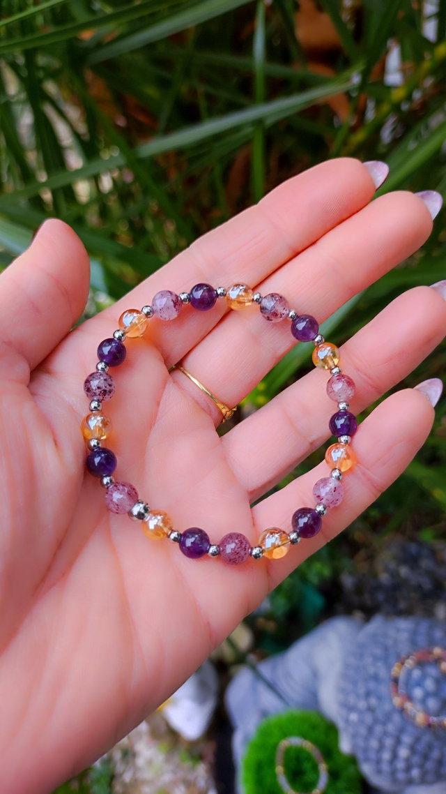 Bracelet "Épanouissement et Stress" Quartz fraise et Améthyste