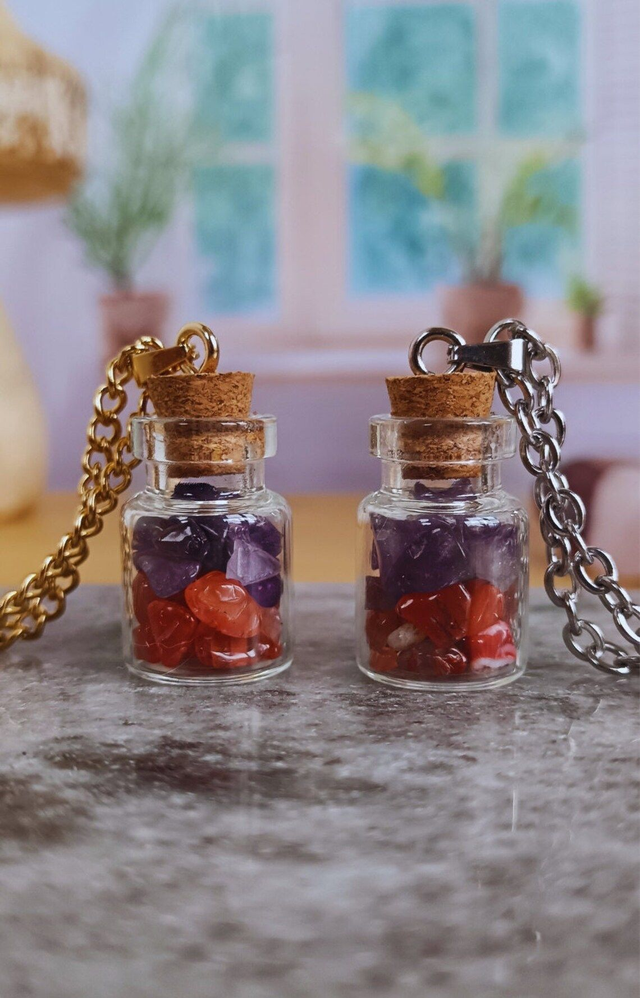 Pendentif fiole CONFIANCE - cornaline et améthyste