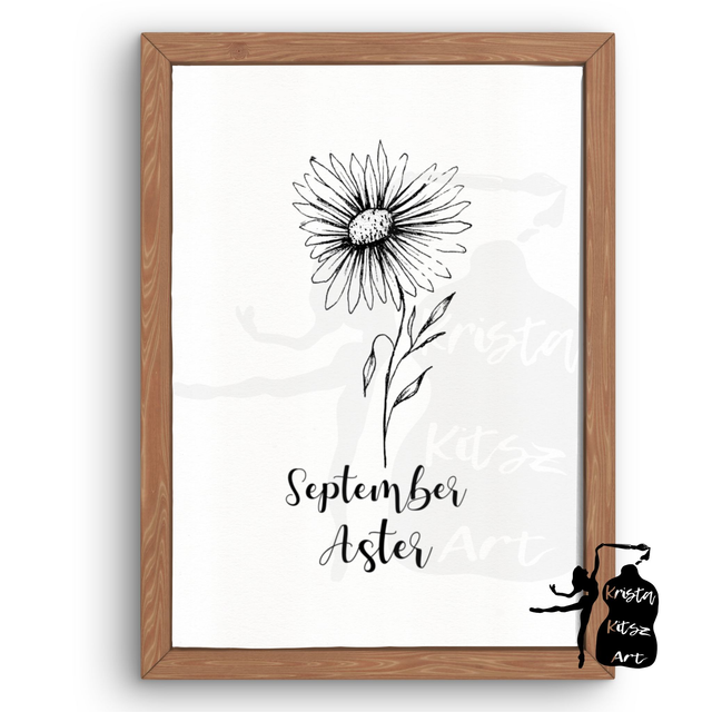 Geboortebloem September Aster in zwart wit,  luxe kunstprint op fine art papier van originele tekening, met of zonder tekst 