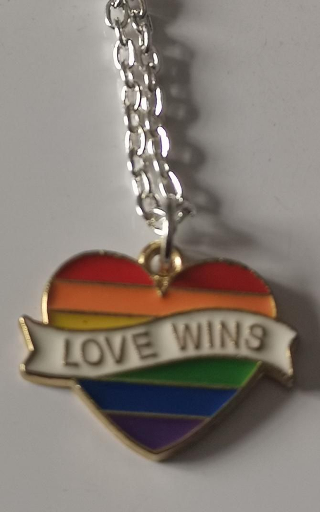 Enamel Rainbow Heart "Love Wins" Pendant Necklace. 