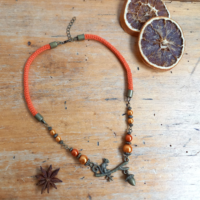 Parure orange et bronze - Collier ras de cou Ecureuil orange foncé
