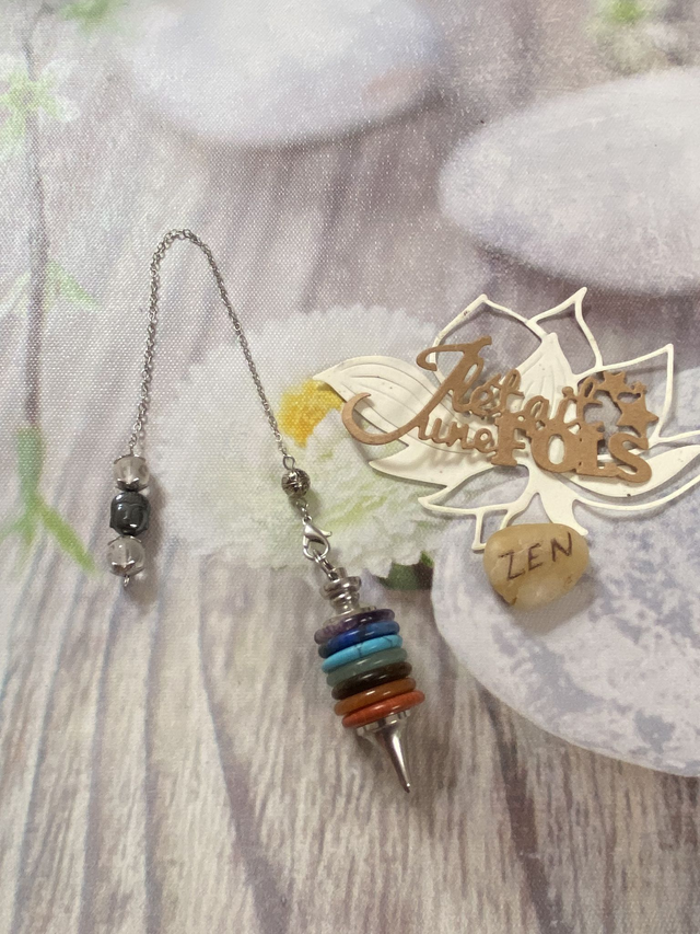 Pendule 7 chakras &quot;Sagesse du Bouddha&quot; - Hématite et Cristal de Roche