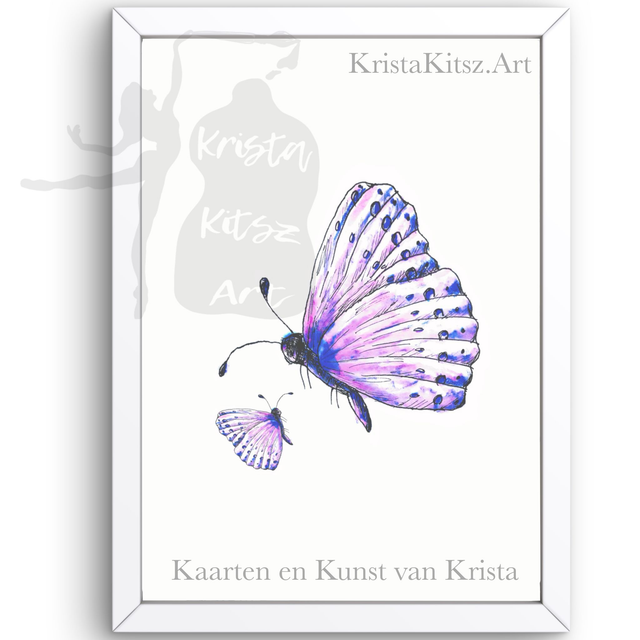 Twee Vlinders, mooie kunstprint in kleur op papier, aquarel en inkt