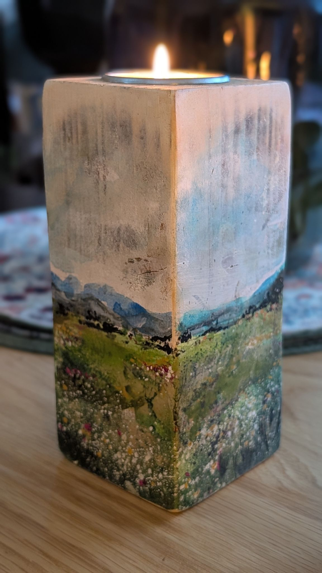 Landscape Painterly all sides - Tealight Holder Reclaimed Wood