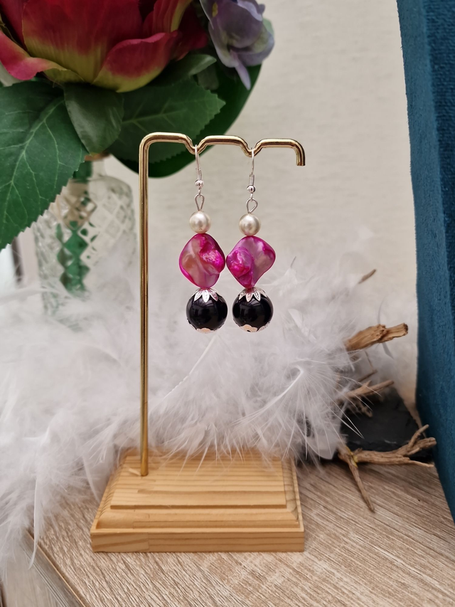 Boucles D'oreilles Perles Noir Et Blanc Perles Coquillage Fuchsia