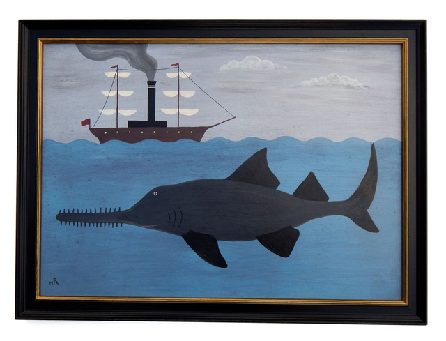 Naïve Folk Art Painting Sawfish And Steamship In Hand Painted Frame By Matt Rix