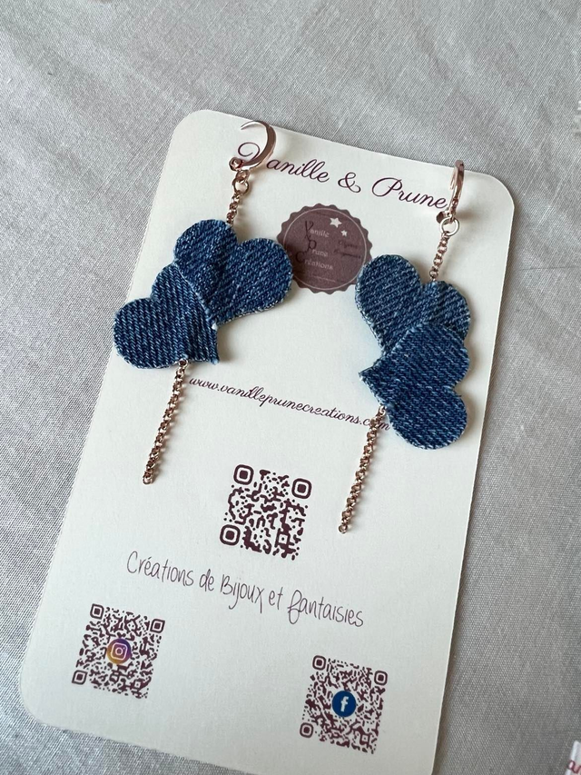Boucles d&#039;oreilles MY VALENTINE dorées roses, coeurs enlacés en jeans recyclé, bijou upcycling