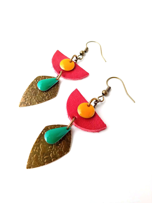 BO Médiévales - CUIR RECYCLÉ - Rouge, turquoise et jaune - Pièces Artisanales et Uniques