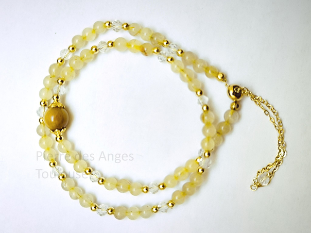 Bracelet 2 tours - Lithothérapie - Pierre naturelle - Quartz Rutile, Œil de Tigre et Cristal de Roche