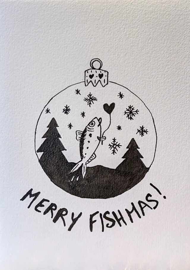 la sardine au ballon-cœur – Carte de Noël illustrée