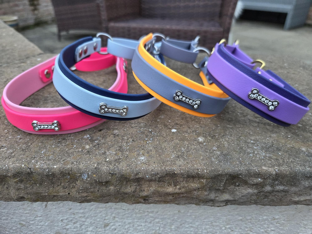 Two tone biothane Martingale collars with diamonte bone 