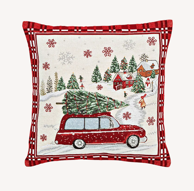 Kussenhoes kerstauto, van textiel, beige/rood, met rits