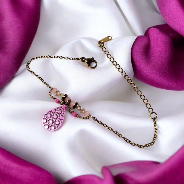 Bracelet acier inoxydable rose fuchsia et doré