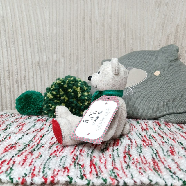 Holly. Small size, handmade teddy bear. UKCA. Tray base packaging. Standard Wool Felt. Traditional. Beige. Emerald green. Christmas red. Sorbet pink.