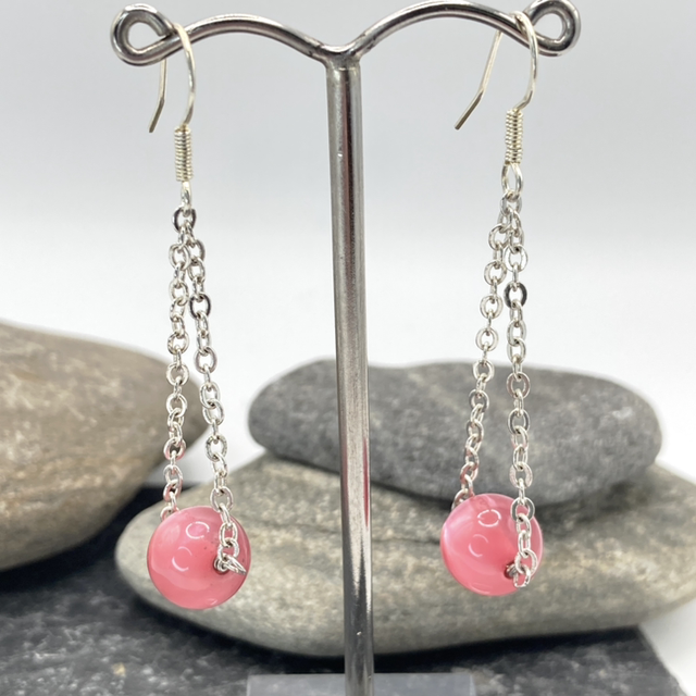 Beaded Sterling Silver Chain Drop Earrings in rose pink, handmade