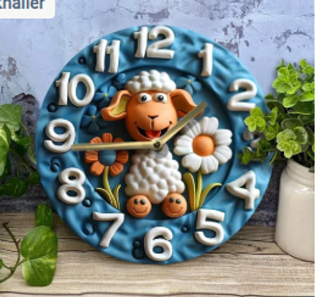 Vintage metalen klok Schaap met bloem (20cm diameter)